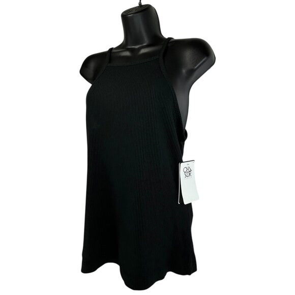 CHASER Halter Tank Top Sz M Black Rib Square Neck Recycled Polyester Rayon Blend - Picture 1 of 9